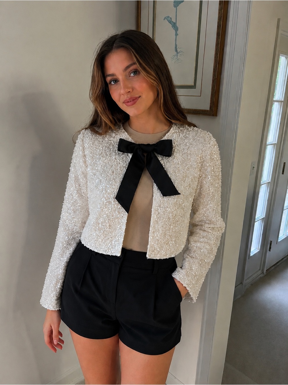 H&M White Sequined Bow-Accent Cropped Jacket - Picture 3 of 13